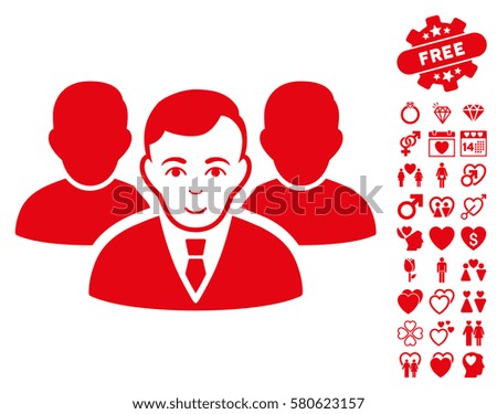 Team pictograph with bonus romantic clip art. Vector illustration style is flat iconic red symbols on white background.