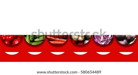 Six upside down semicircles full of fresh vegetables: tomatoes, cucumbers, carrots, sweet peppers, red cabbage and beetroots, all placed on top of a wide red ribbon with small white spots on it