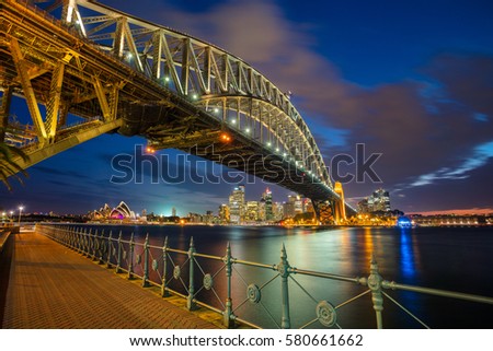 Sydney. Cityscape image of Sydney, Australia with Harbour Bridge during twilight blue hour.