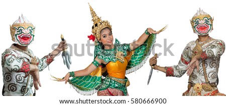 Portrait of Thai young lady in an ancient Thailand dance wea with isolated  background.