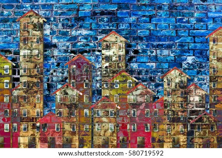 Public housing concept image painted on a brick wall - I'm the copyright owner of the graffiti images used in this picture. Royalty-Free Stock Photo #580719592
