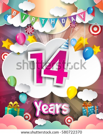 14th Birthday Celebration greeting card Design, with clouds and balloons. Vector elements for the celebration party of fourteen years anniversary
