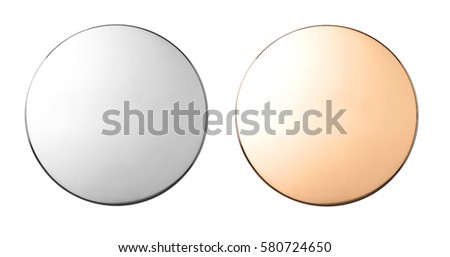 Silver and gold metal buttons, badges isolated on white