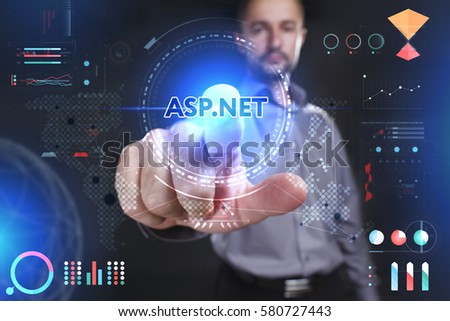 Business, Technology, Internet and network concept. Young businessman showing a word in a virtual tablet of the future: ASP.NET