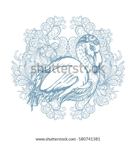 Vector image of an exotic pink flamingos on the background of stylized plants. Line drawing of wild tropical birds isolated. Reserve, zoo animal. Printing on T-shirts, souvenirs, books, fabrics.  