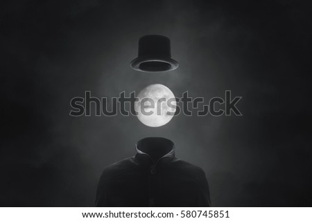 surreal picture solitary man with moon face with hat
