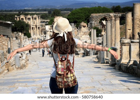 Turkey, a happy tourist woman from the ancient city of Ephesus
