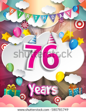 76th Birthday Celebration greeting card Design, with clouds and balloons. Vector elements for the celebration party of seventy six years anniversary
