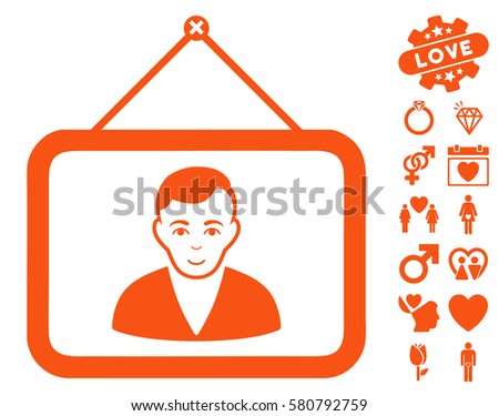 Man Portrait pictograph with bonus dating clip art. Vector illustration style is flat iconic orange symbols on white background.