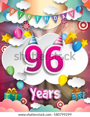 96th Birthday Celebration greeting card Design, with clouds and balloons. Vector elements for the celebration party of ninety six years anniversary