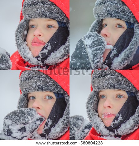 Collage of four pictures: a blue eyed 8 years old boy licking his mitten and eating snow, close up portrait