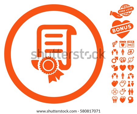 Certified Scroll Document pictograph with bonus valentine clip art. Vector illustration style is flat iconic orange symbols on white background.
