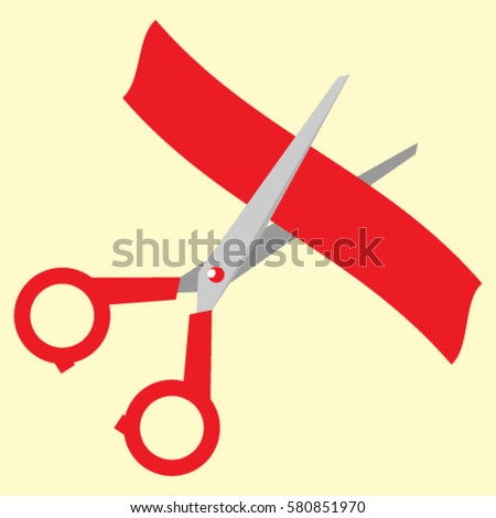 Scissors cut the red ribbon, opening ceremony, vector illustration