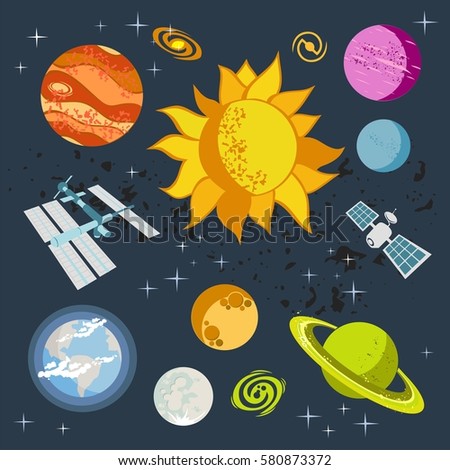 Outer Space vector space objects, symbols and design elements, spaceships, planets, stars, rocket, sun, satellite