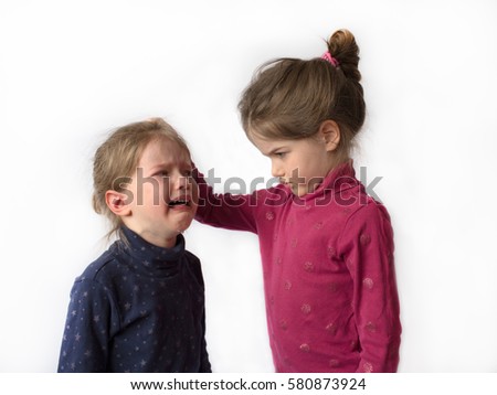 sisters quarrel, children quarrel and fight, isolated on a white  background