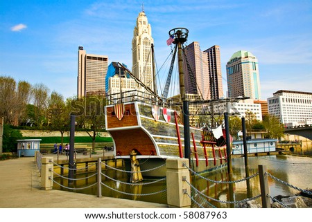 Columbus, Ohio cityscape with the Santa Maria in the foreground
