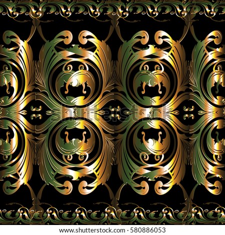 Damask floral border seamless pattern. Baroque black background wallpaper with  3d  vintage gold  ornaments, antique leaves and flowers in Victorian style. Vector surface luxury gold 3d texture.