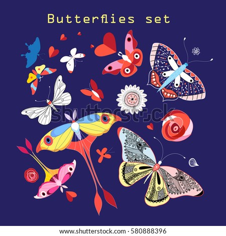 Vector set of various beautiful butterflies on a dark blue background