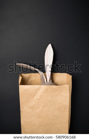 Easter bunny in a paper bag. Rabbit. Black background. Easter ideas. Easter eggs. Space for text.