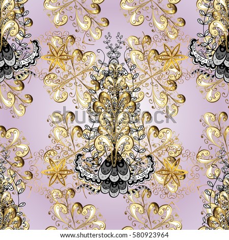 Vintage seamless pattern on a violet background with golden elements. Christmas 2018, snowflake, new year.