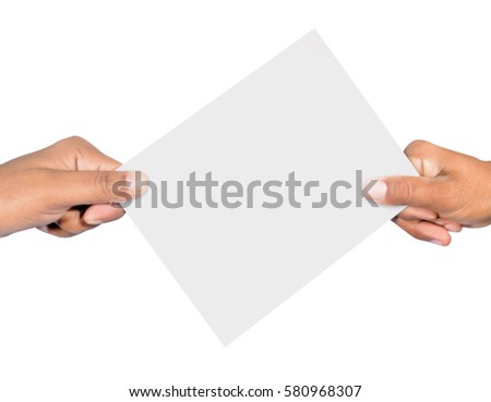 Hands holding card isolated on white background professionally
