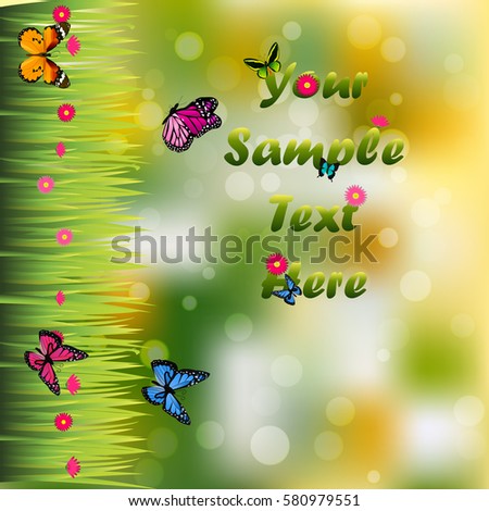 Very high quality original trendy illustration of grass with flowers and butterfly frame for text or card