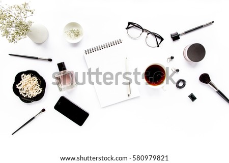 Office table desk. retro camera, glasses, phone, succulent on white background. Flat composition, magazines, social media and artists. Home office workspace. flat lay, top view