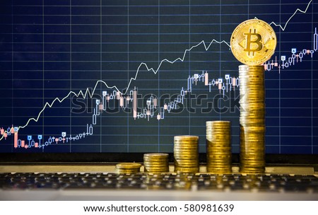 Financial growth concept with golden Bitcoins ladder on forex chart background. Photo (new virtual money) Royalty-Free Stock Photo #580981639