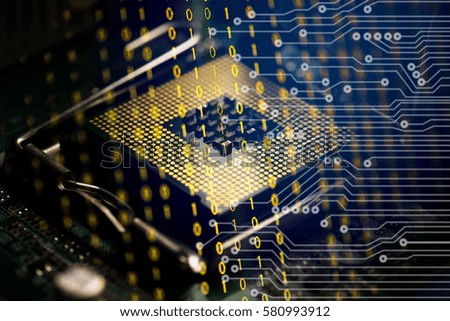Digital binary data and computer processor. Cyber security concept background.
