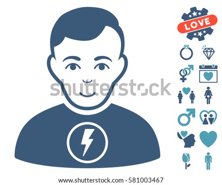 Power Man icon with bonus decorative symbols. Vector illustration style is flat iconic cyan and blue symbols on white background.