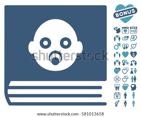 Baby Album pictograph with bonus passion pictures. Vector illustration style is flat iconic cyan and blue symbols on white background.