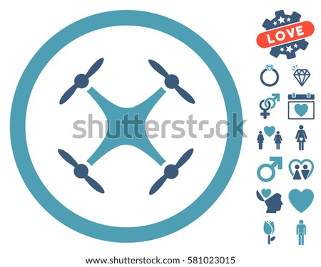 Airdrone icon with bonus decorative pictures. Vector illustration style is flat iconic cyan and blue symbols on white background.