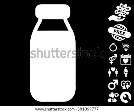 Bottle icon with bonus valentine clip art. Vector illustration style is flat iconic white symbols on black background.