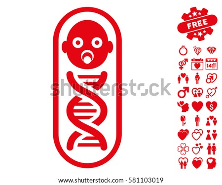 Baby Genome icon with bonus dating clip art. Vector illustration style is flat iconic red symbols on white background.