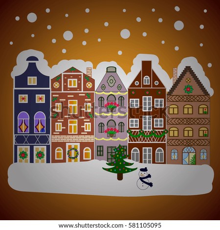 New year holidays. Greeting card, poster design. Cute town Christmas eve. Vector. Winter in the city, christmas decor fir-trees. Winter nature landscape. Winter houses, road, tree.