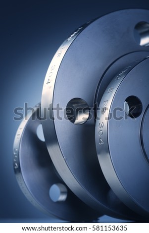 
Blue tones of the industrial metal flange, more than a combination and flange close-up