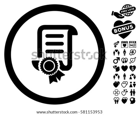Certified Scroll Document icon with bonus decoration clip art. Vector illustration style is flat iconic black symbols on white background.