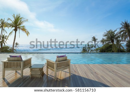 Beautiful view of Swimming Pool with  the sea at sunlight  - 3d rendering