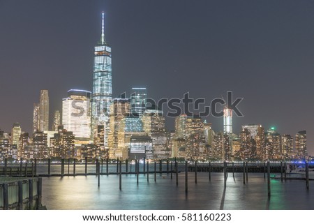 Buildings of New York City at night.