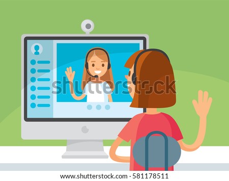 Webinar. Young woman sitting at, in front of  notebook, talking chatting over video chat  app. Video chat between two girls. Girl video calling, conversation, using messenger, video conference.