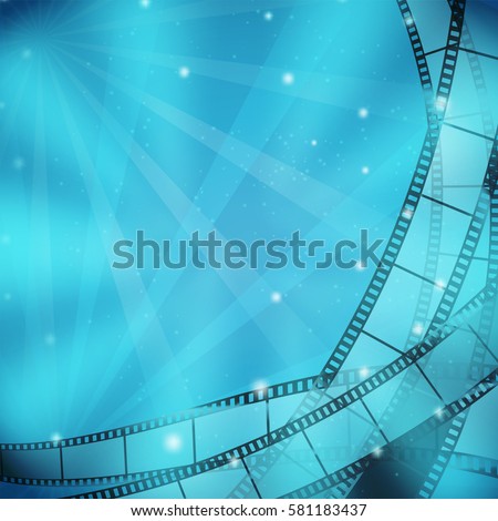 cinema blue background with film strips and light rays. vector illustration