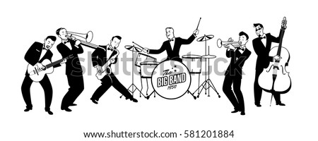 Jazz Swing Orchestra. Retro style. Cartoon vector illustration. 50's or 60's style musicians