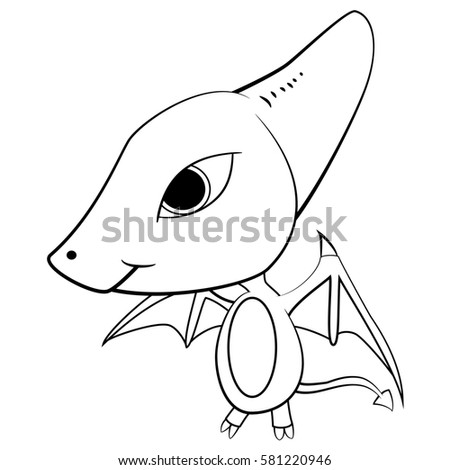 Illustration of Black and White Cute Cartoon Evil Baby Pterodactyl Dinosaur. 
