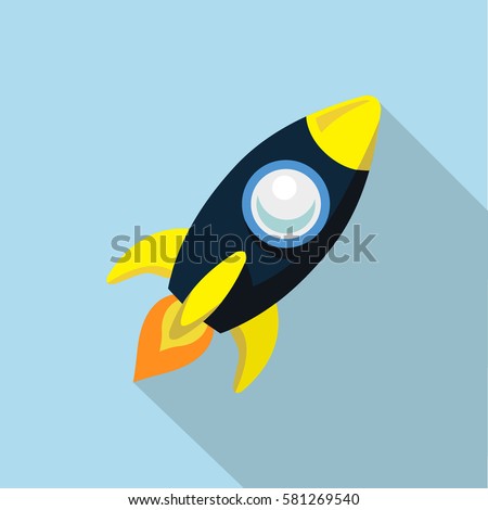 a simple launching blue rocket with yellow tip and wings, a circle window, and flaming fire at the bottom of it all in light blue square flat design