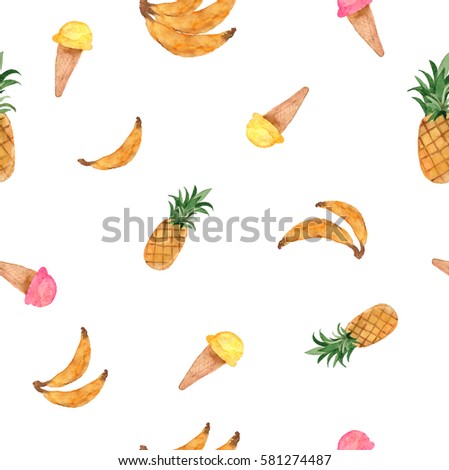 Watercolor summer pattern with ice cream cone, bananas and pineapples