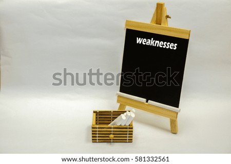 Small blackboard written "weaknesses" with white chalks inside wooden box on the white table