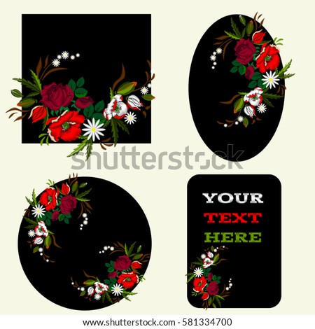 Embroidery ethnic neckline flowers floral design graphic fashion wear. Vintage frame with flowers. Roses. poppies. Stitches. Illustration EPS10