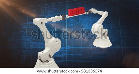 White robotic hands holding red data message against white background against blue background with vignette