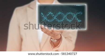 Businesswoman using digital screen against white background against grey vignette