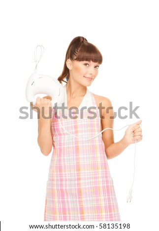 bright picture of beautiful housewife with mixer over white